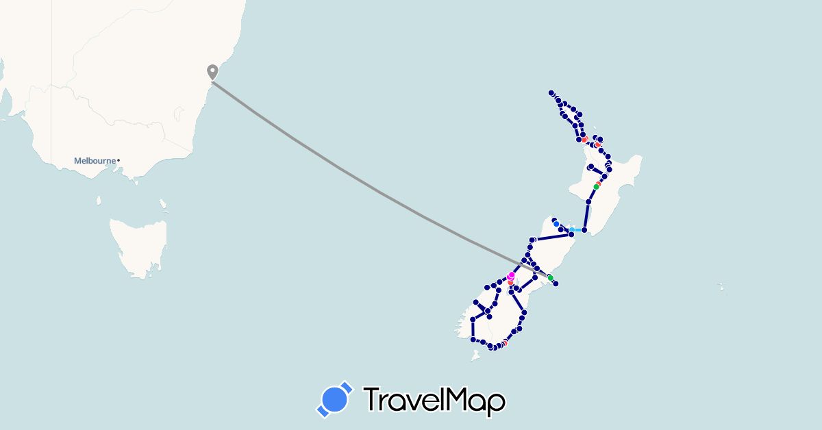 TravelMap itinerary: driving, bus, plane, hiking, boat, kajak, helikopter in Australia, New Zealand (Oceania)